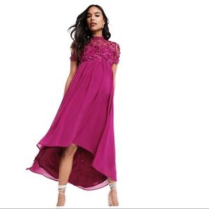 Chi Chi London • Maternity lace detail midi dress high low hem fuchsia • Sz L